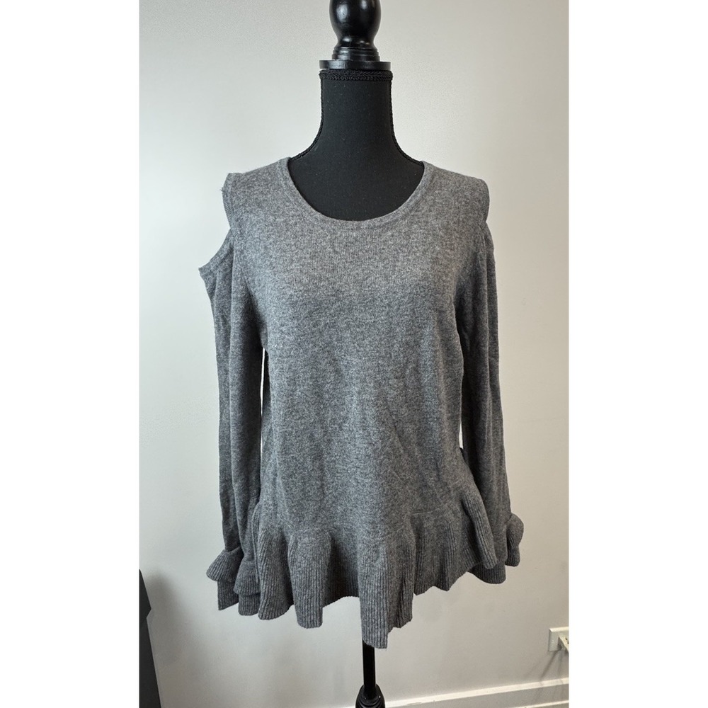 Qi Cashmere  Ruffle Sweater Womens XL‎ Cold Shoulder Ruffle Cuff Peplum  Gray